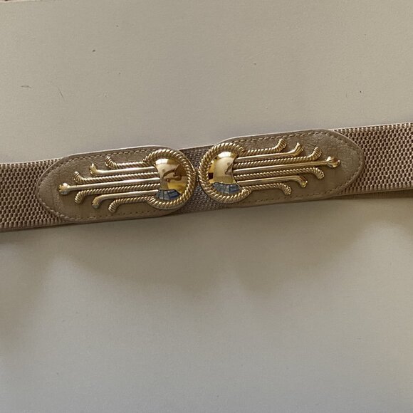 Elastic Stretch Belt Beige/Tan textured with Gold Art Deco inspired hardware - Picture 8 of 8